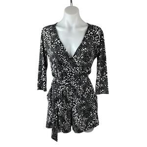 Gilli Black White Polka Dots Long Sleeve V Neck Tie Waist Romper Shorts Size S